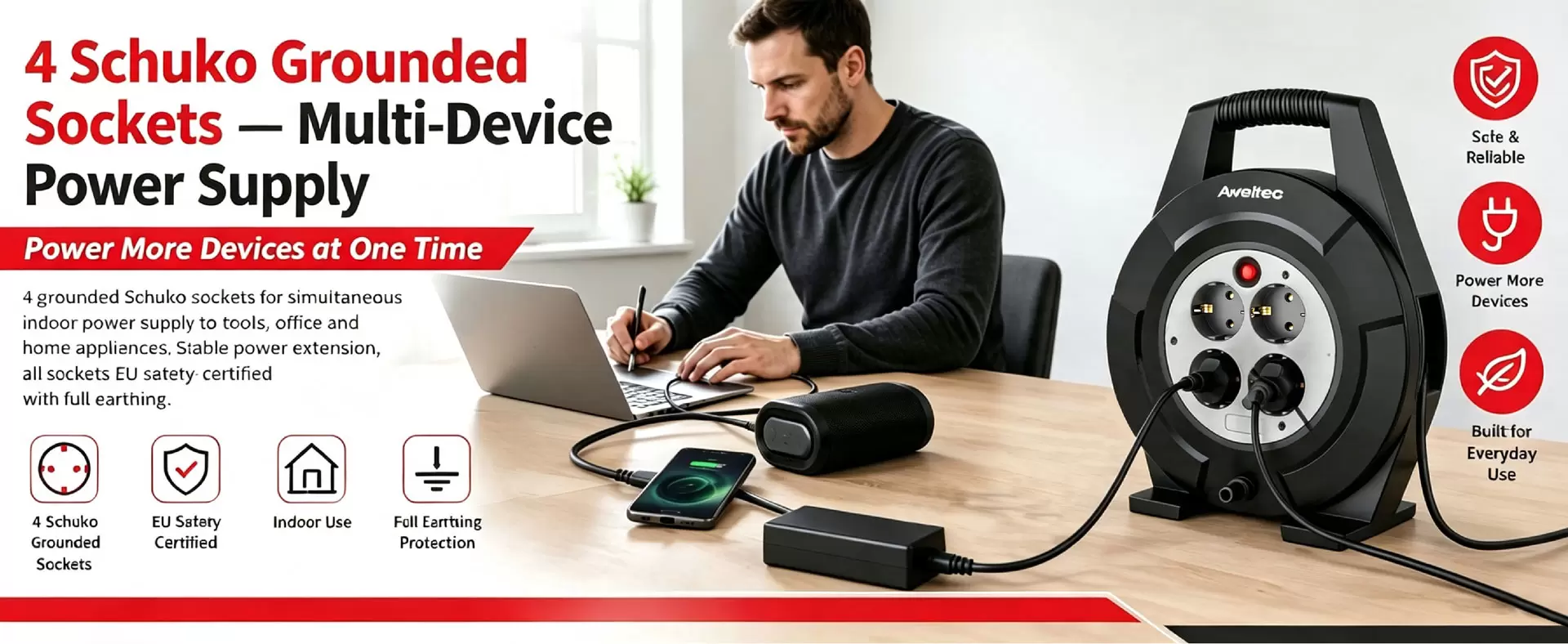 Кабельная катушка Aweltec с 4 розетками, 10 м/15 м Кабельная катушка Aweltec с 4 розетками, 10 м/15 м